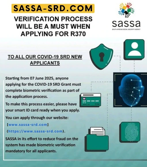 Infographic illustrating SASSA's announcement All new applicants must complete biometric identity verification as part of application