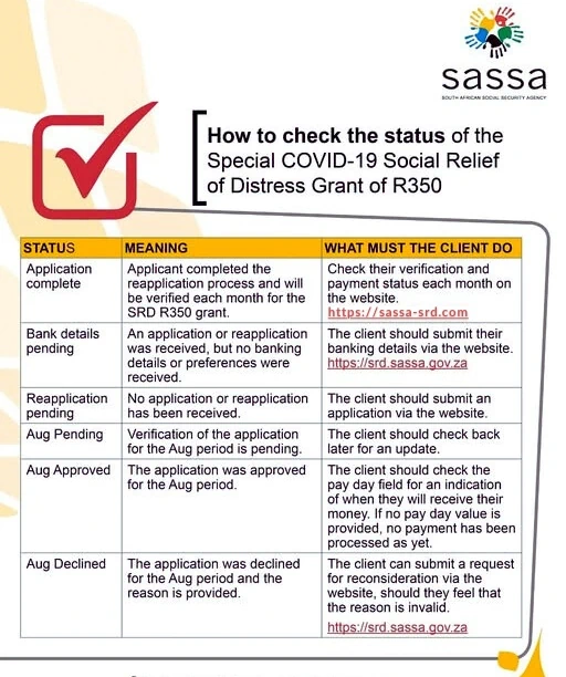 Infographic illustrating how to check Social Relief of Distress SRD Grant status online and what to do based on different status meanings