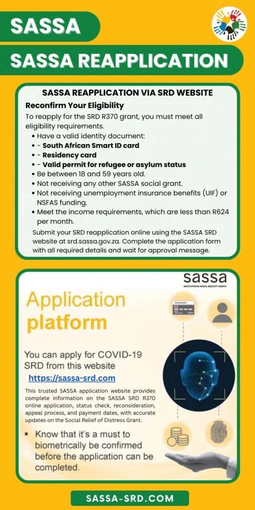 Infographic illustrating the SASSA reapplication process, how to reconfirm your eligibility, and the importance of biometric verification before approval