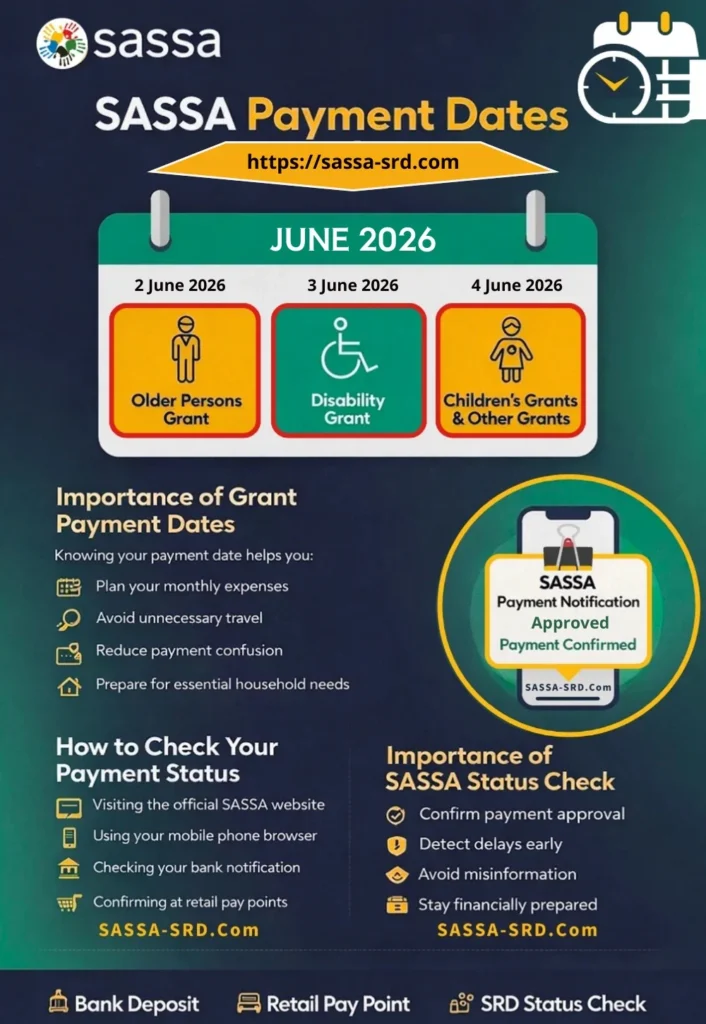 Infographic SASSA Status Check for Payment Dates June 2026 Confirmed for older persons, disability grants, and children's grants